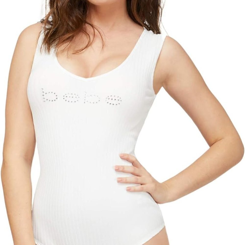 NWT bebe Logo Sheer Lace Back Bodysuit Size L White‎